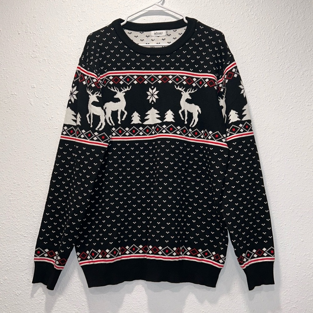 NWT Missky black, white & red reindeer holiday crew neck sweater for men